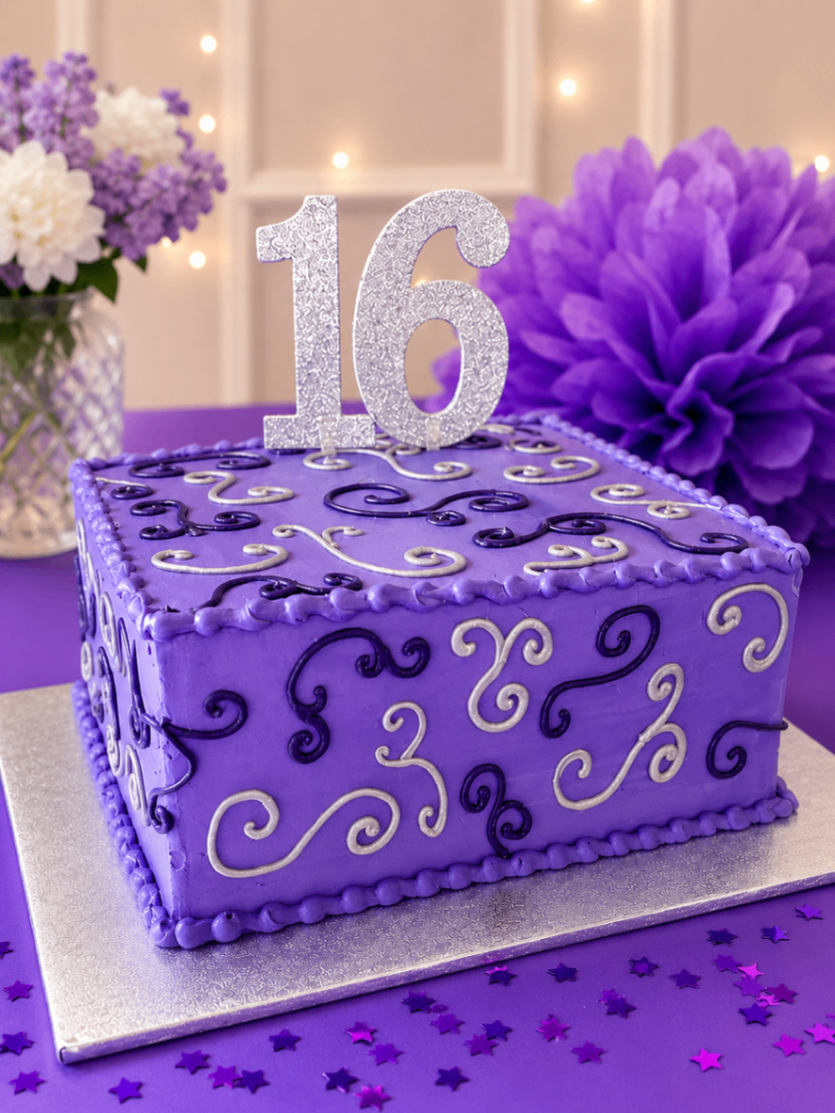 Purple Sweet 16 birthday cake with silver scroll details